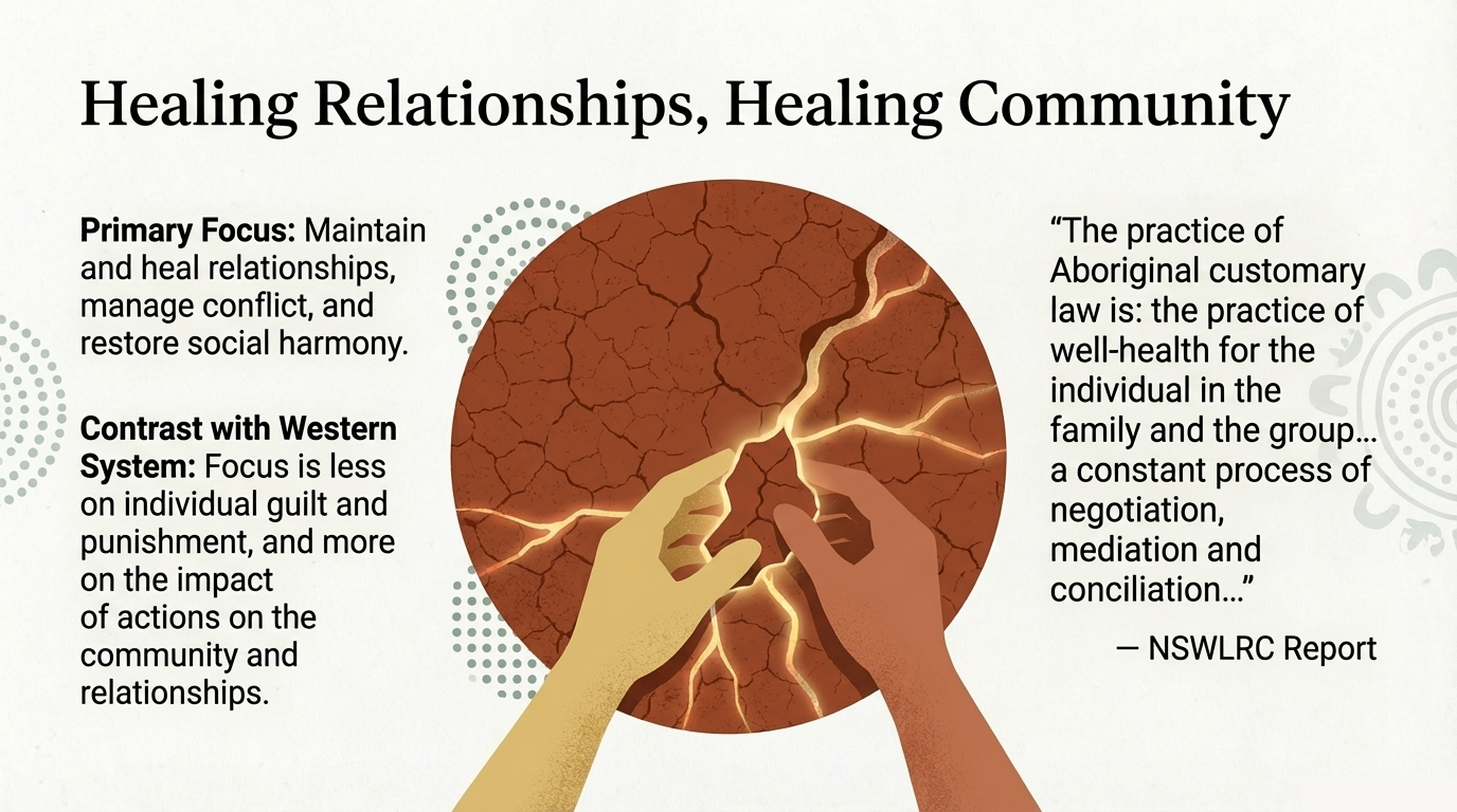 Illustration of community justice in Yuendumu with people meeting under a shelter.