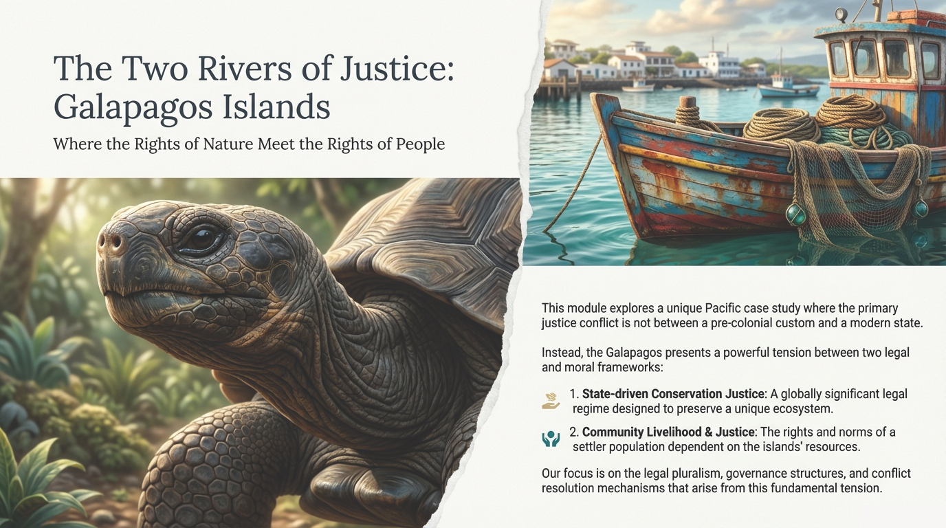 Infographic introducing the two rivers of justice in the Galapagos Islands.