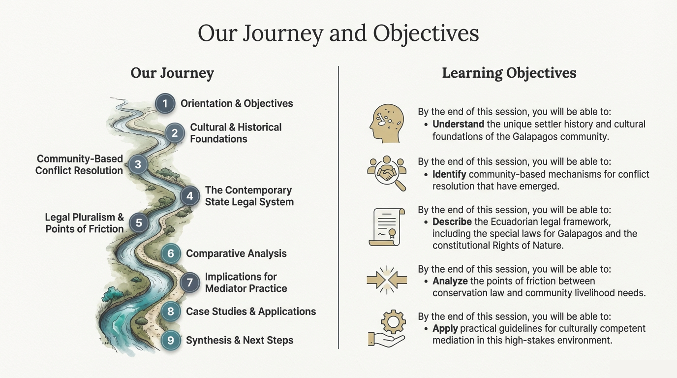 Context map and schematic of the two rivers of justice in the Galapagos Islands.