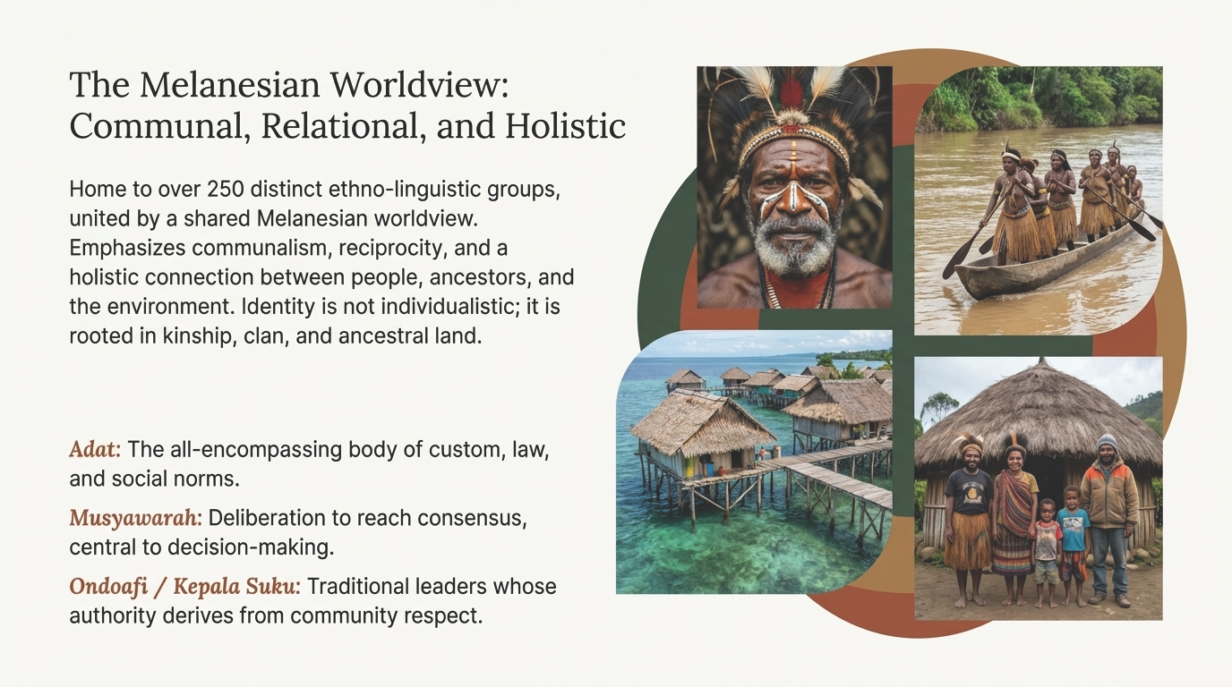 Diagram showing elders, kinship groups, ceremonies and restitution payments in Papuan customary justice.
