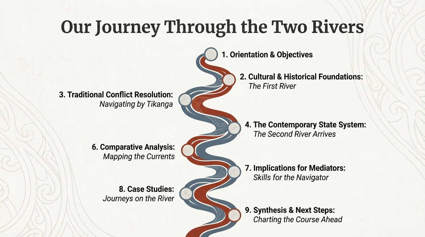 Slide summarising River 1: tikanga Māori conflict resolution with icons for muru, whakawā, elders and collective outcomes.