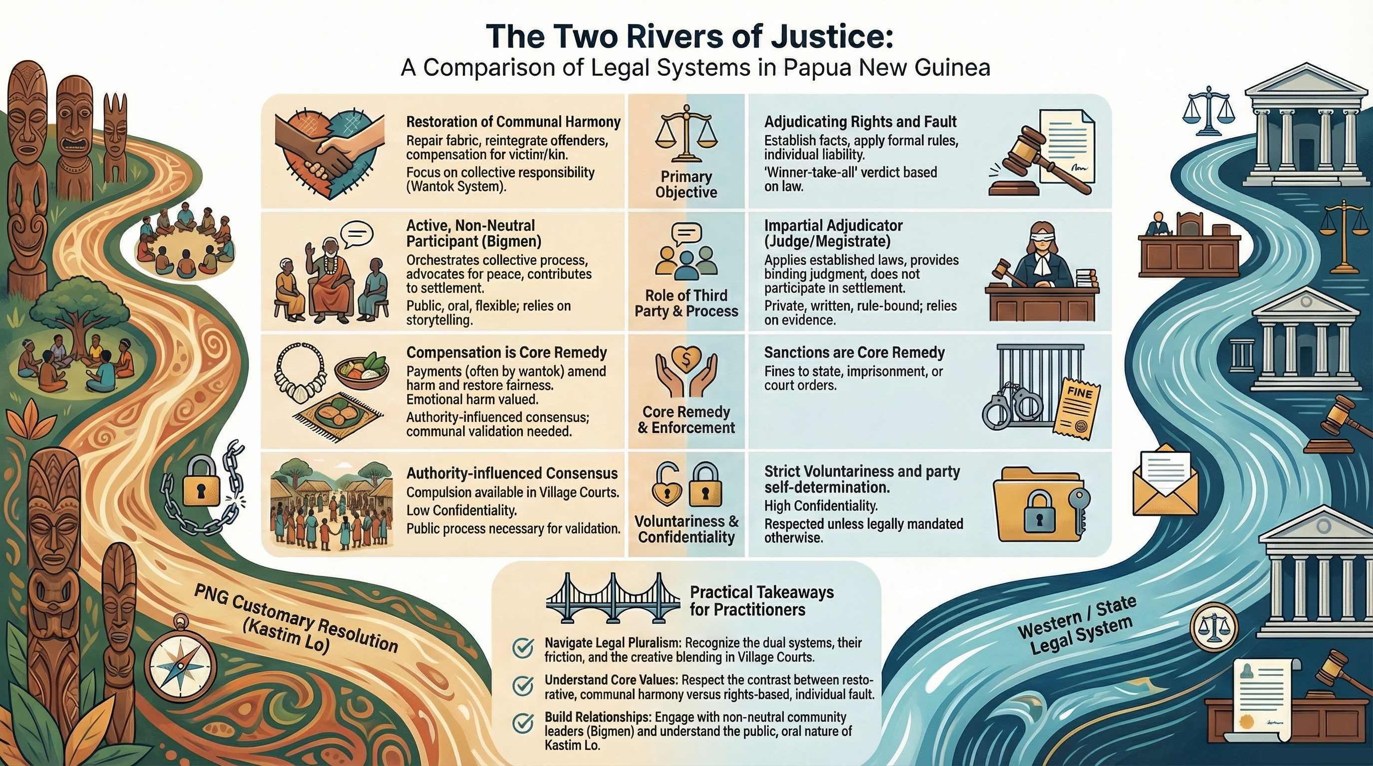 Infographic comparing PNG customary resolution on one river and the Western/state legal system on the other, highlighting goals, third party roles, remedies and practical takeaways for practitioners.