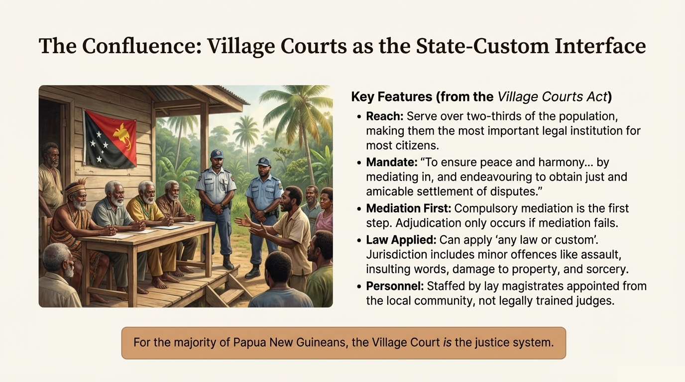 Village Court scene with magistrates and parties meeting in an open-sided building, PNG flag visible.