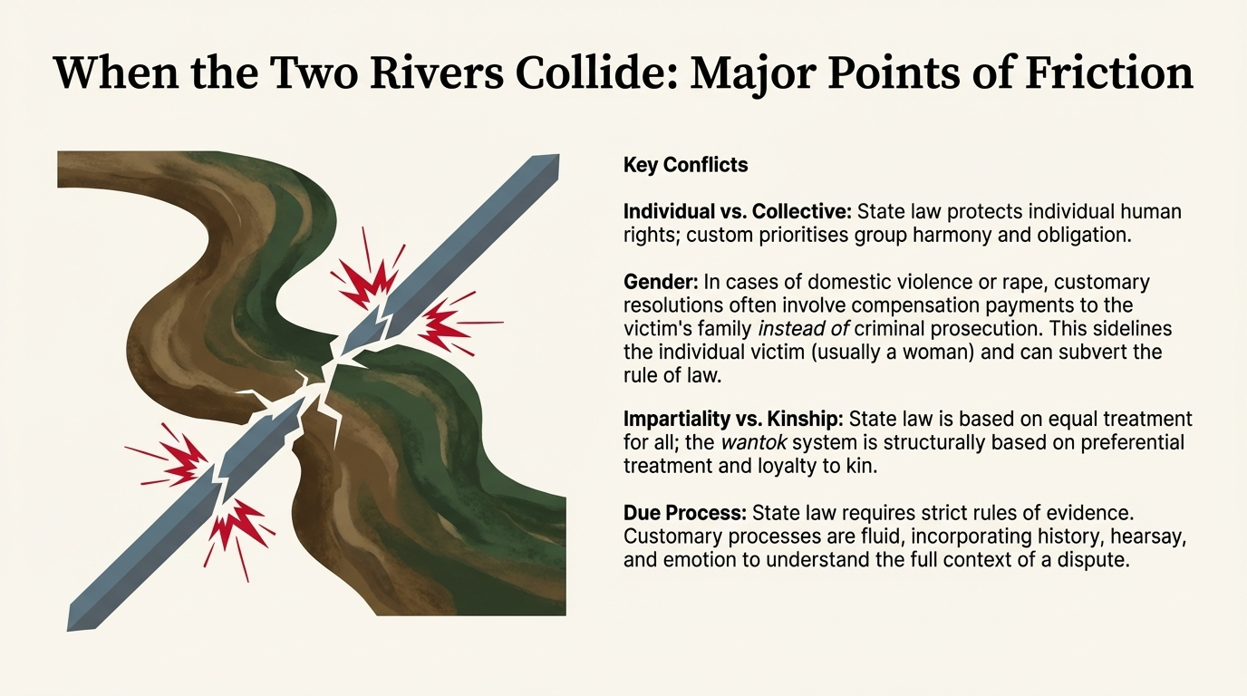 Graphic of two rivers colliding with fractures, symbolising clashes between customary and state legal systems.