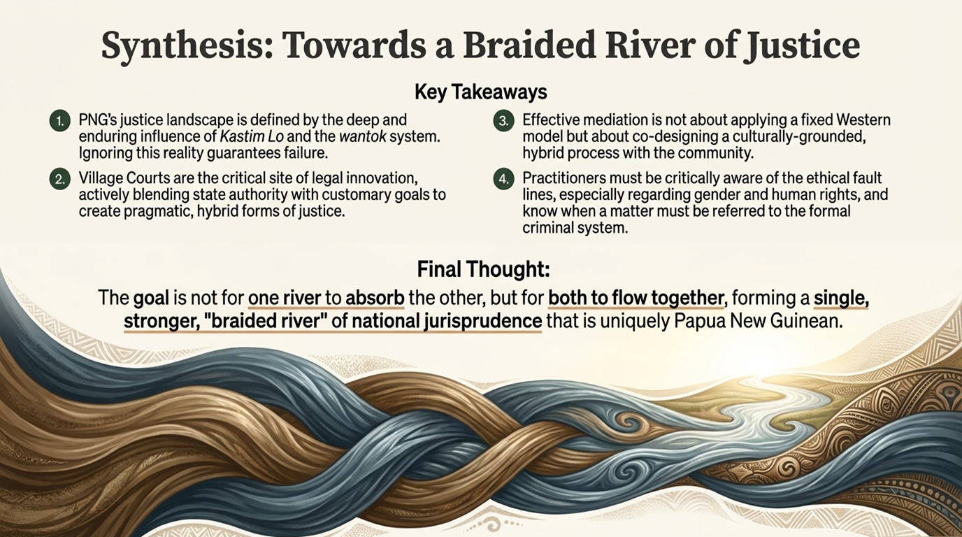 Braided rivers merging into one stronger flow, symbolising a unified but plural PNG justice system.