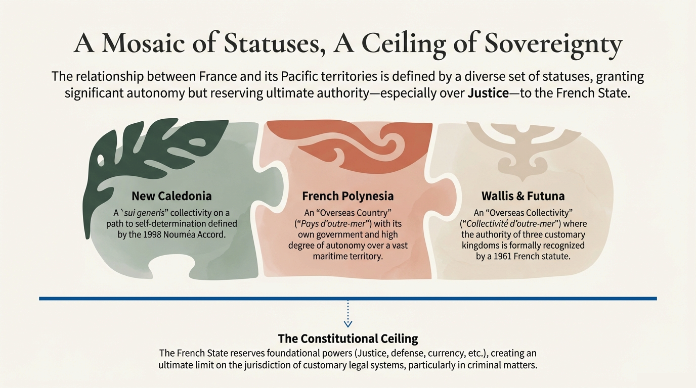 Map of French Polynesia with notes on autonomy, French legal framework, and land dispute prevalence.
