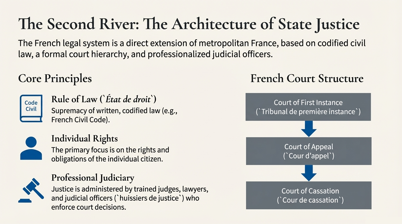 Court hierarchy graphic highlighting the Court of Appeal in Papeete and the specialised Land Tribunal.