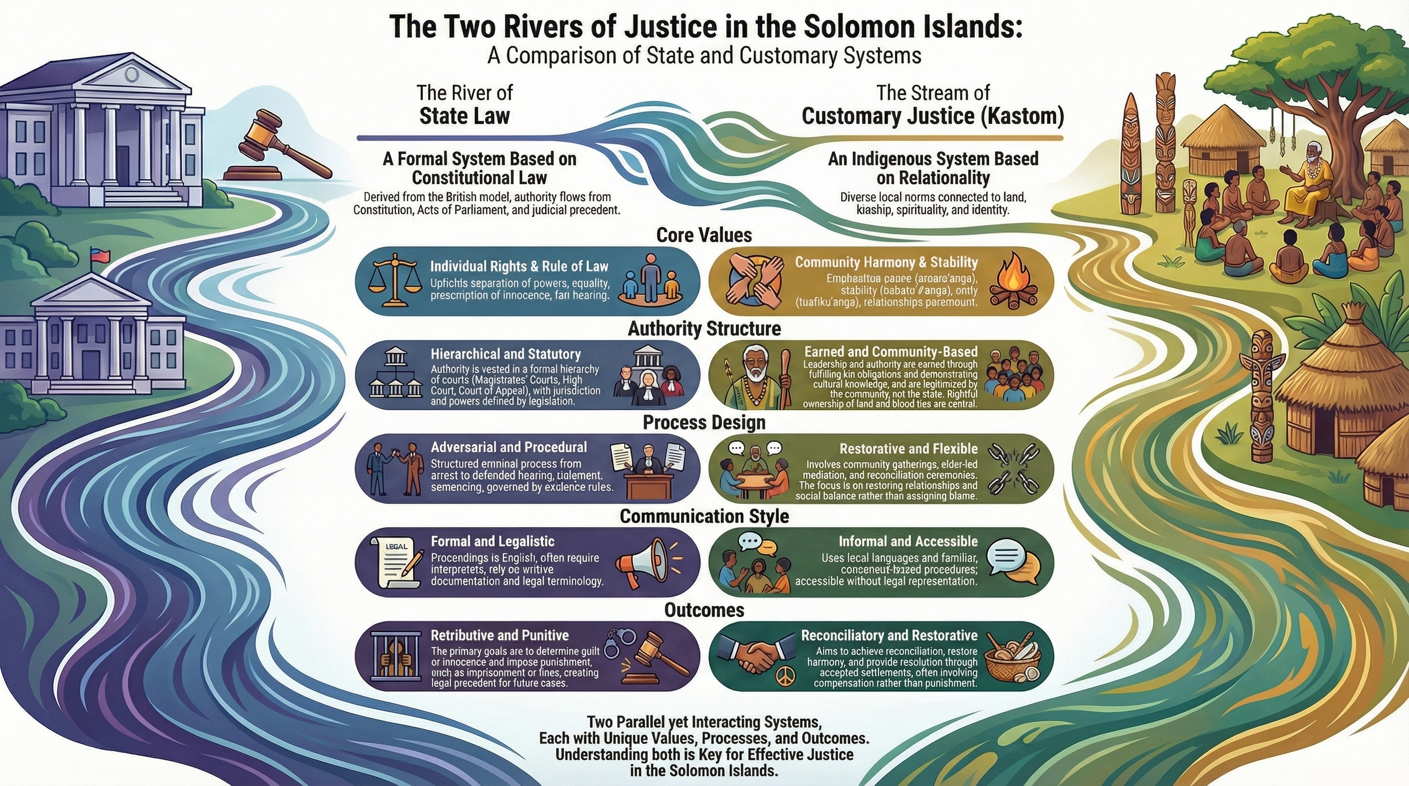 Infographic comparing the river of state law and the stream of customary justice in the Solomon Islands across values, authority, process, communication and outcomes.