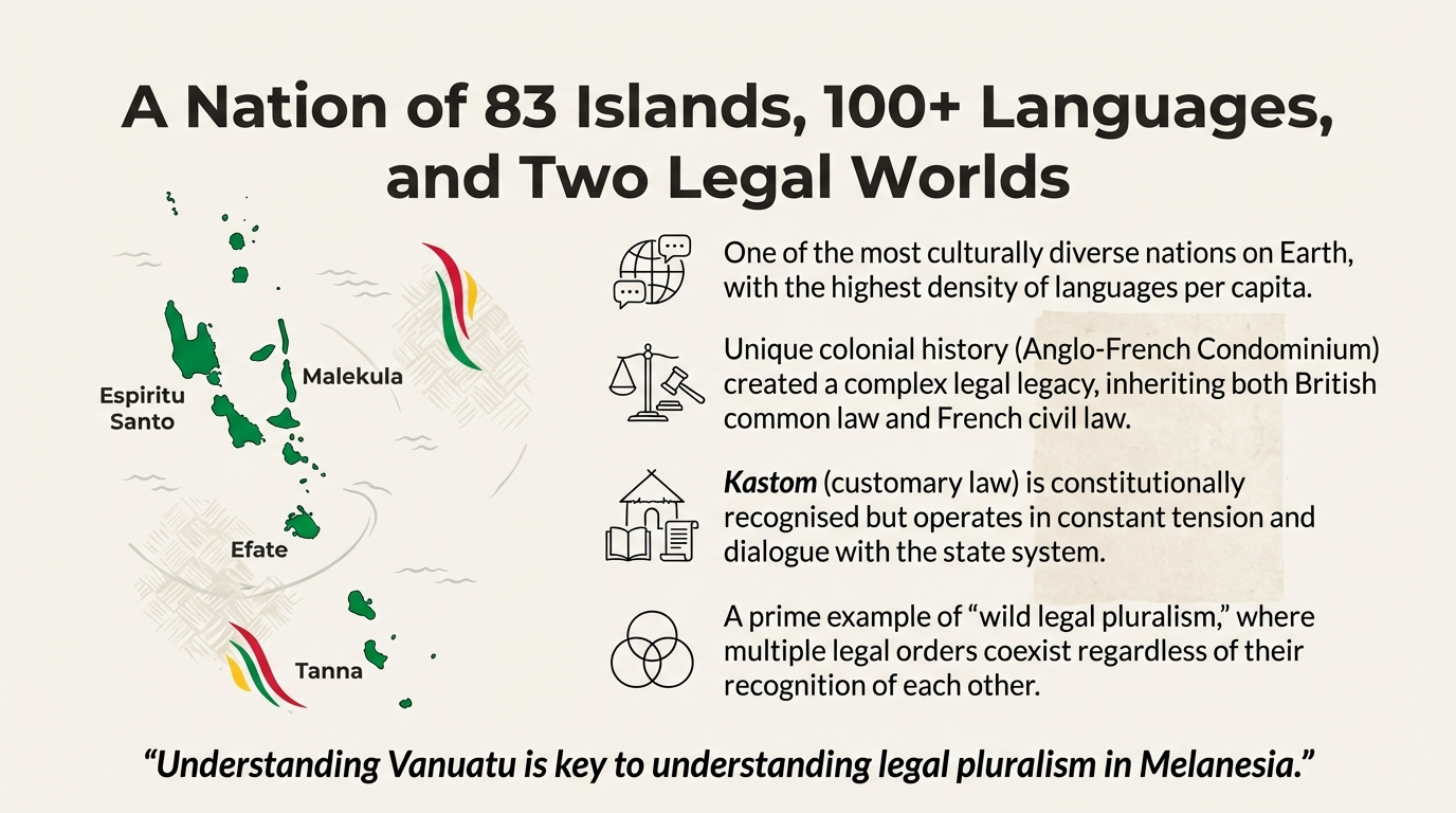 Map and infographic showing Vanuatu’s islands, languages and the three pillars of government, kastom and church.