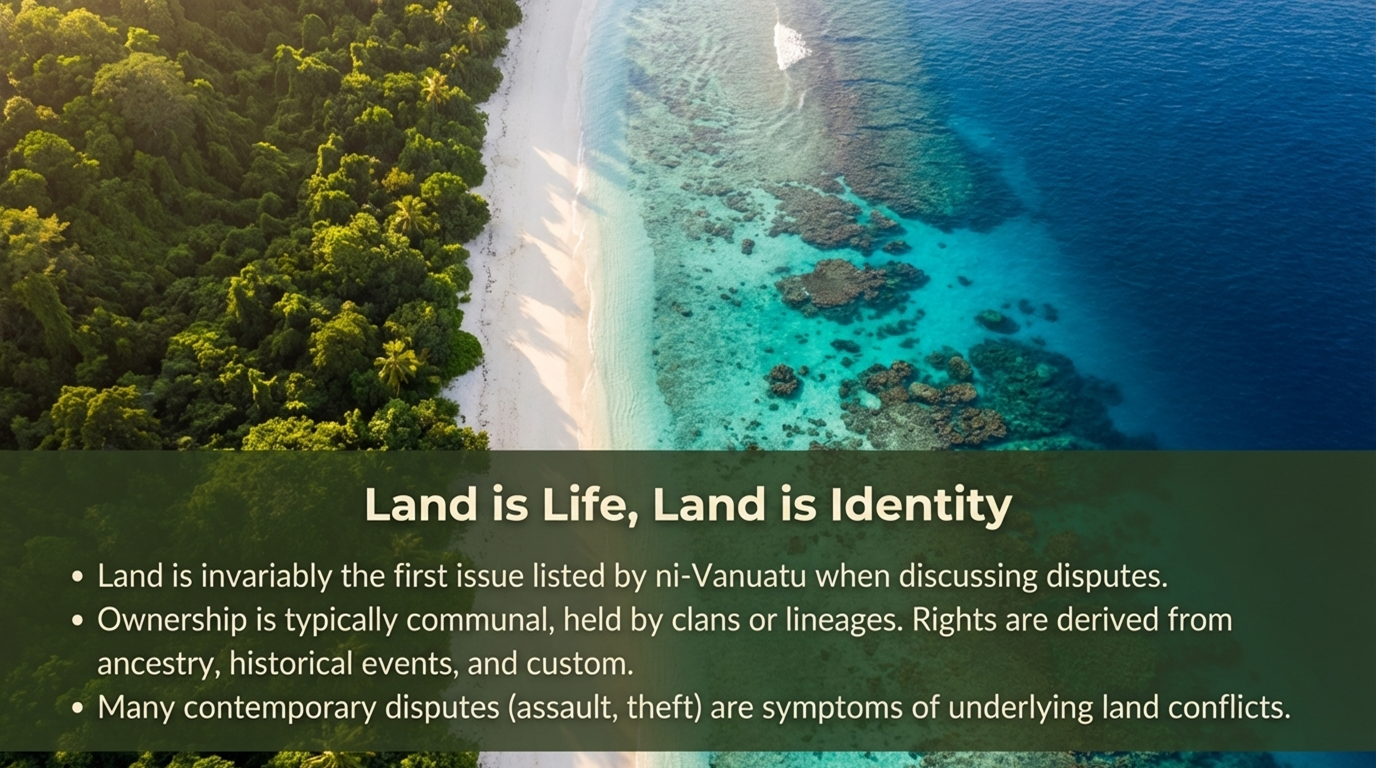 Braided rivers flowing past Vanuatu islands, symbolising kastom and state law working together.