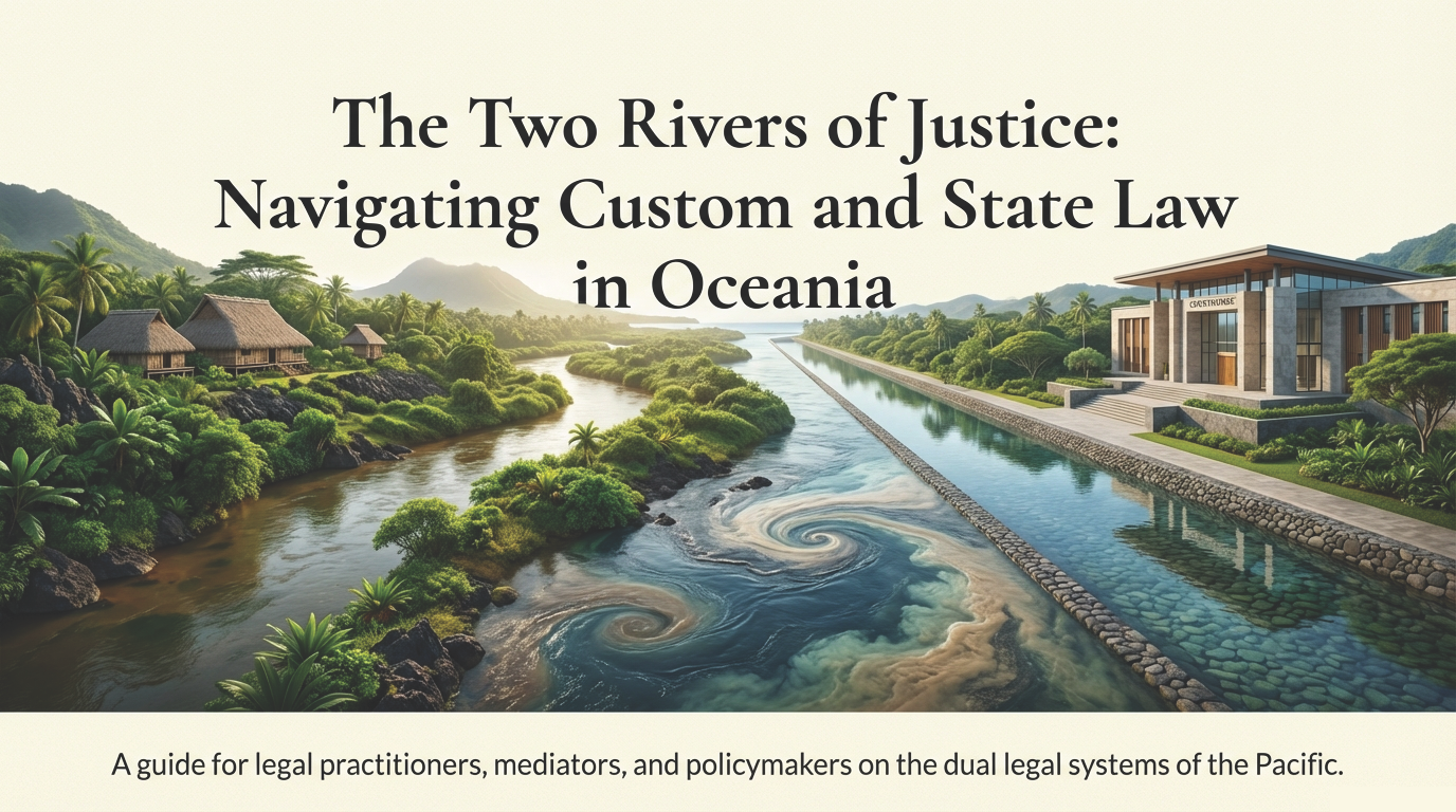 Illustration of two rivers flowing side by side, symbolising custom and state law in Oceania.