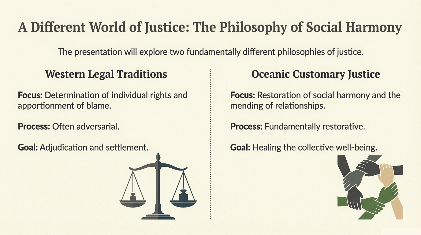 Infographic contrasting Western legal traditions with Oceanic customary justice.