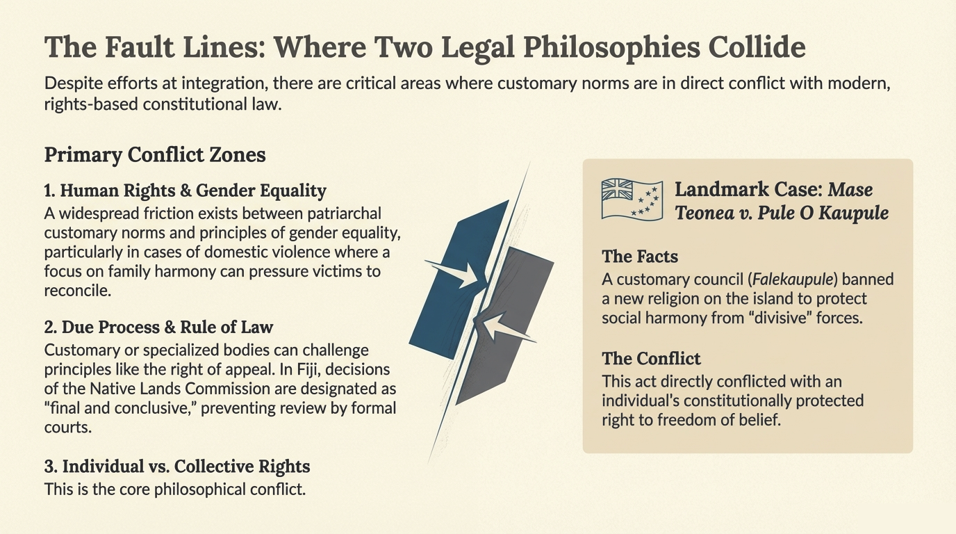 Infographic illustrating three primary conflict zones between customary norms and modern constitutional law.