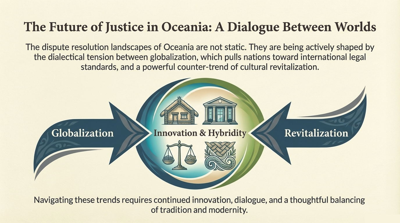 Diagram showing globalisation and revitalisation feeding into innovation and hybridity in justice systems.
