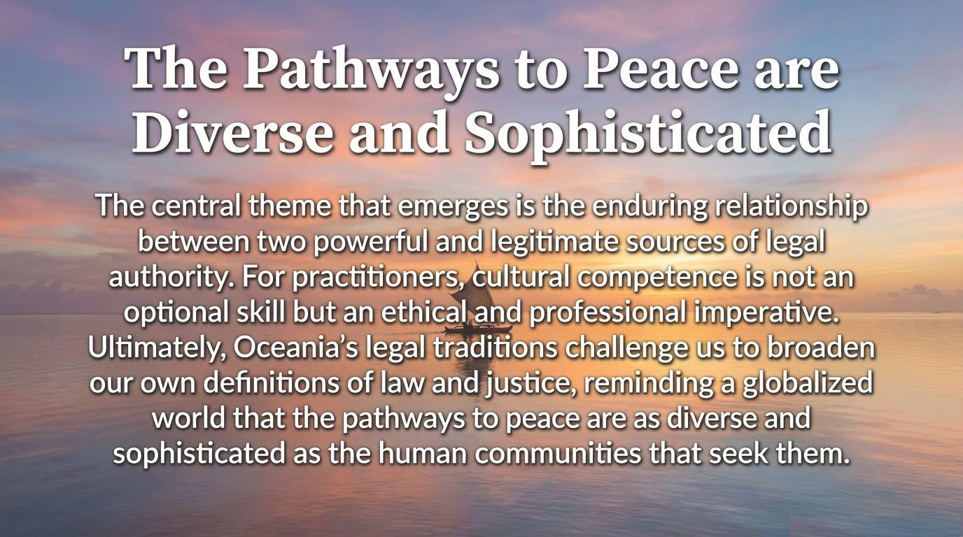 Ocean sunset with text about the diverse and sophisticated pathways to peace in Oceania.